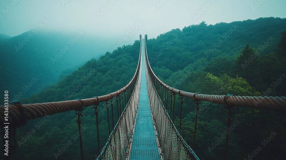 Obraz premium Misty suspension bridge through lush forest