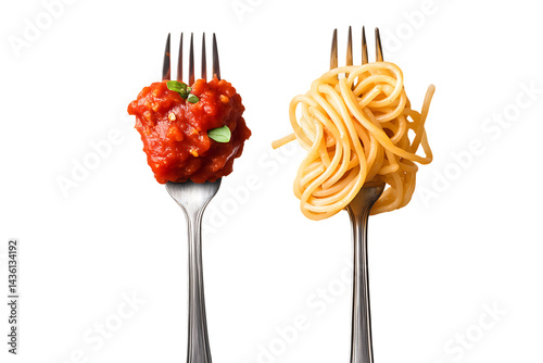 Spaghetti with tomato sauce and pasta on forks food cuisine delicious gourmet meal dinner lunch isolated on a transparent background.