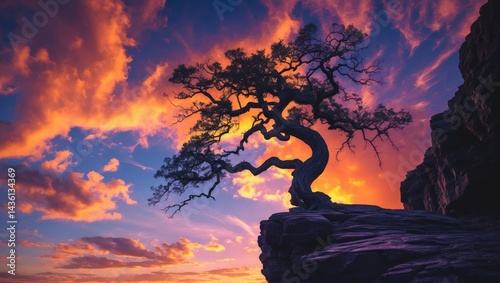 Solitary Tree Stands on Cliff Edge During a Colorful Sunset