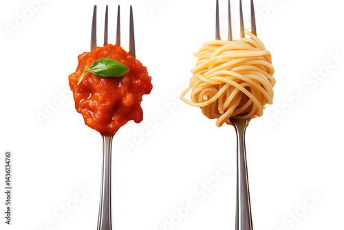 Spaghetti and meatballs on forks food pasta dish cuisine gourmet meal dinner lunch isolated on a transparent background.