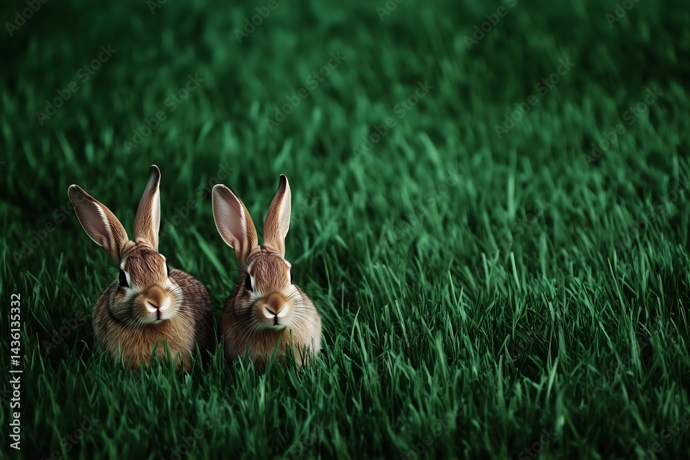 Obraz premium A charming portrait of two wild brown rabbits sitting together in a vibrant green meadow. This adorable pair of hares looks curiously at the camera, a perfect depiction of wildlife in nature