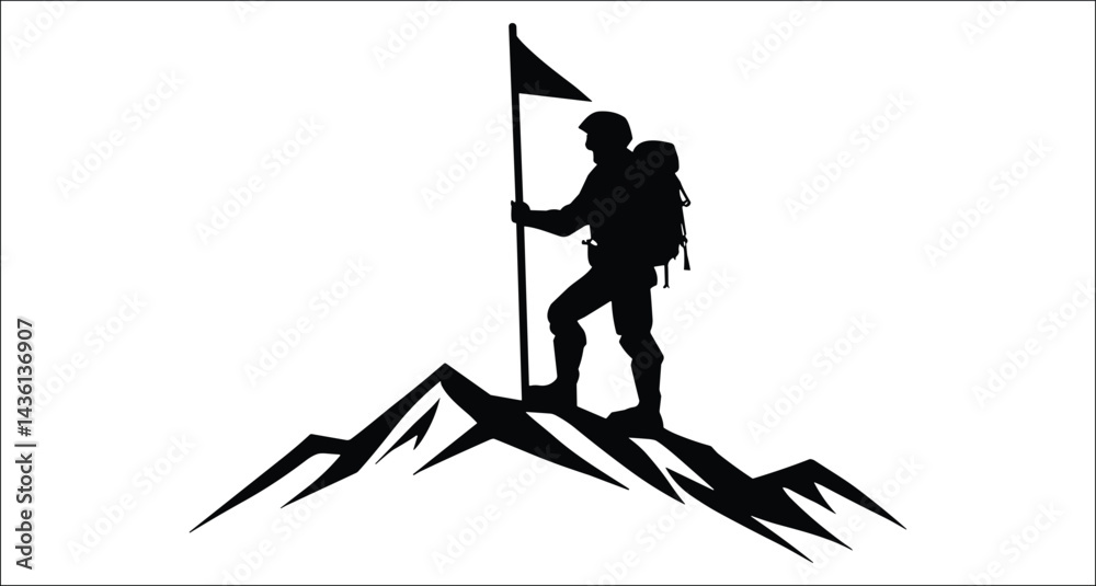 Fototapeta premium Silhouette Of Man Placing Flag On Mountain Peak Conquering Achievement