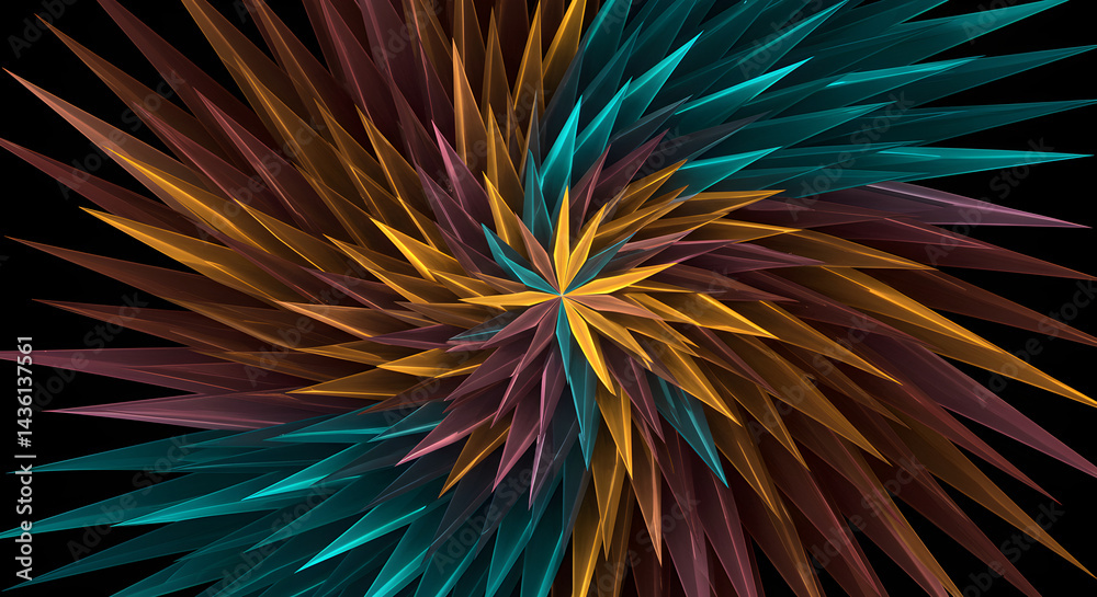 Obraz premium Rotating Multicolored Fractal Design With Spikes And A Dark Background