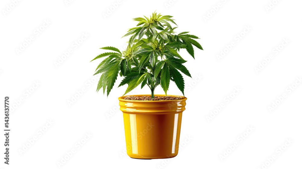 Obraz premium A Thriving Green Cannabis Plant: a close-up shot of a healthy, vibrant cannabis plant in a small, stylish yellow pot, embodying the beauty of nature, with a strong, eye-catching visual narrative.