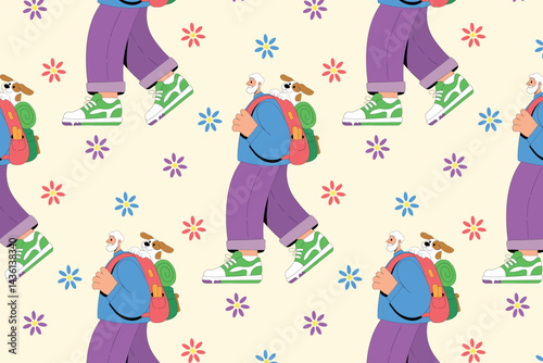 Vibrant seamless pattern, colorful cartoon hiker with dog and matching floral elements, for fabric design, gift wrap, travel blogs, outdoor-themed branding. Friendly adventure partner