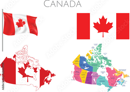 Canada Flag and Canada Map with Provinces & Wavy Flag Vector – Detailed Geography and Patriotic Design