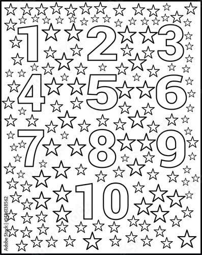 A black and white coloring page featuring the numbers 1 through 10, each surrounded by scattered stars.