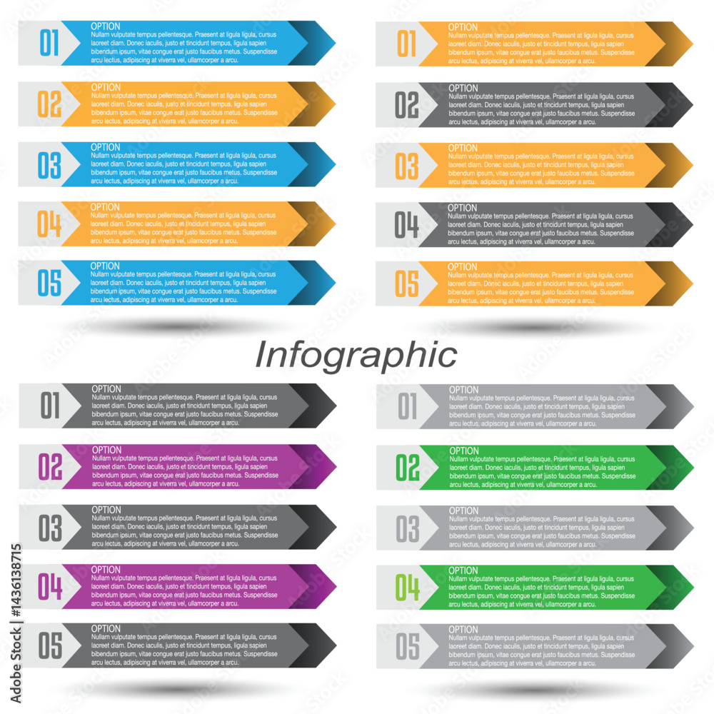 Collection infographics with steps and options, banner for business design and website template.