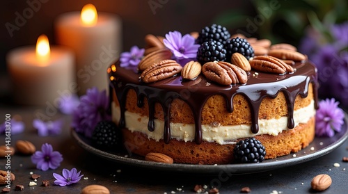 Tempting pancakes featuring ripe blueberries, a hint of orchid leaves, and a lavish mapple syrup drizzle. A perfect visual representation for recipes