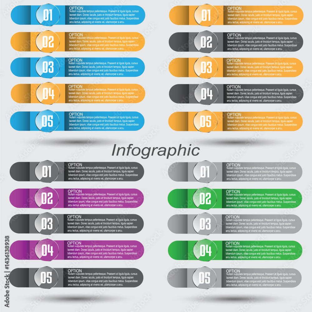 Collection infographics with steps and options, banner for business design and website template.