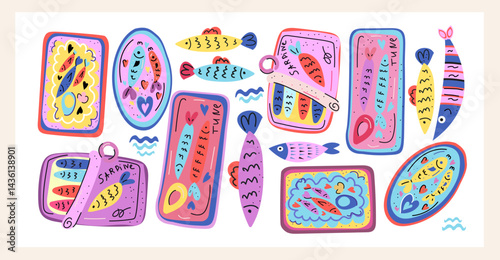Colorful Sardine Cans a bold and playful flat-style vector set featuring fish tins, sardines, tuna, and seafood in bright funky colors, perfect for packaging, prints and summer illustrations.