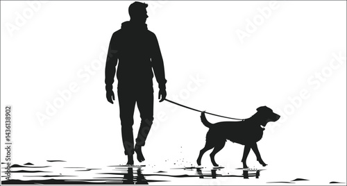 Silhouette Of Man Walking Dog On Beach Vector Art Illustration