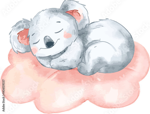 Happy baby koala sleep on the pink cloud. Watercolor animal illustration for baby room decoration, nursery, and baby shower project.