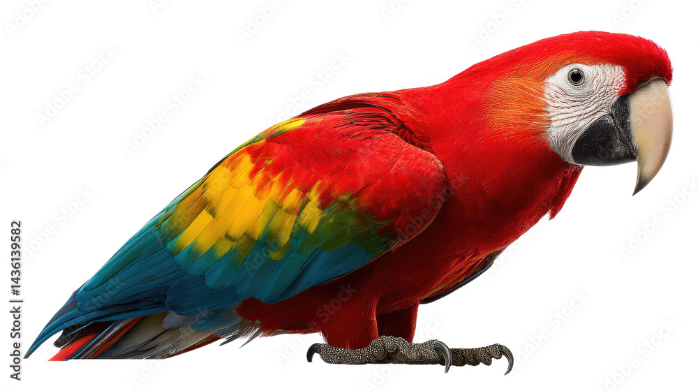 Obraz premium Scarlet Macaw Portrait: A vibrant scarlet macaw with striking red, yellow, and blue plumage, perches majestically, showcasing its beauty and intricate wing details. 