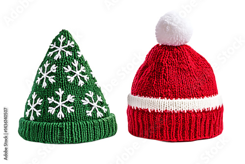 Buy Christmas hats online: knitted Santa hat and Christmas tree hat for festive holiday season wear isolated on a transparent background.