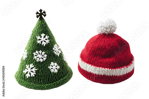 Christmas holiday hats knitted green tree snowflake red Santa cap winter fashion accessories festive apparel isolated on a transparent background.