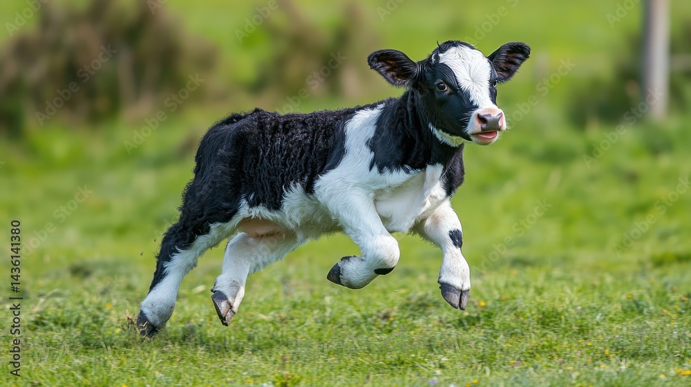 Black and white calf running in a grassy field Black and white calf running in a grassy field