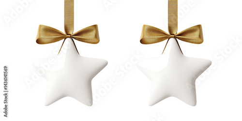 Christmas star ornaments white with gold ribbon holiday decoration isolated festive celebration decor object isolated on a transparent background.