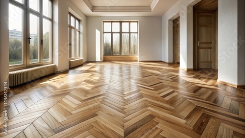 Sunlight streams through large windows illuminating a newly installed herringbone hardwood floor in a spacious, bright room