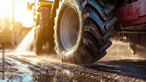 A stunning image of tractor tire getting washed with high-pressure hose in bright sunlight.
