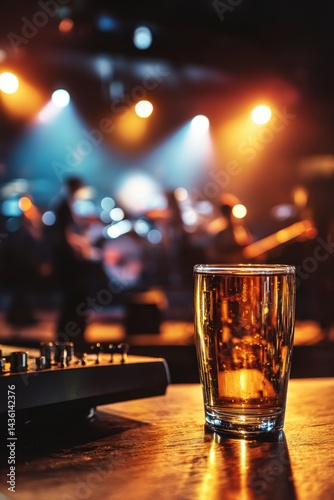 Clear Glass of Beer on Wooden Table with Band Performing Live