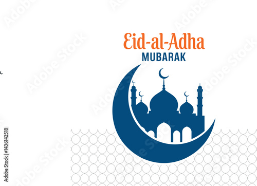 A simple Eid al-Adha greeting card featuring a mosque silhouette within a crescent moon.
