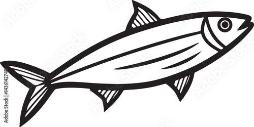 sardine fish line art, black outline, vector and illustration, coloring book page line art drawing