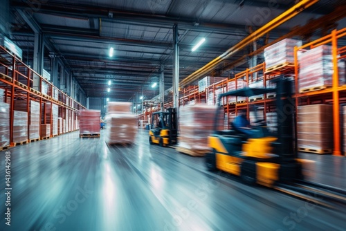 Busy Warehouse with Forklifts Moving Pallets in a Distribution Center