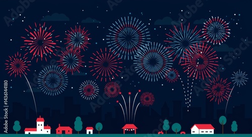 Festive Fireworks Display Over City Skyline Celebrating Independence Day or New Year's Eve