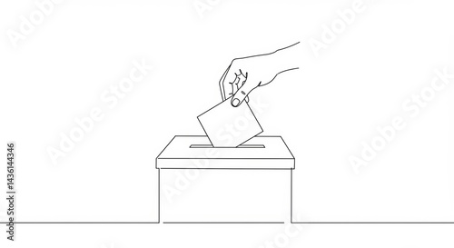 Hand casting vote in ballot box for election or referendum line art illustration concept for democracy and civic duty on white background