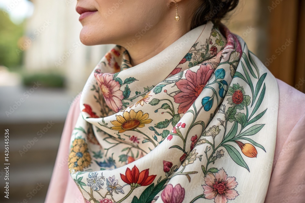 Fototapeta premium Floral Scarf Close up Showcasing Vibrant Patterns and Colors Generative AI