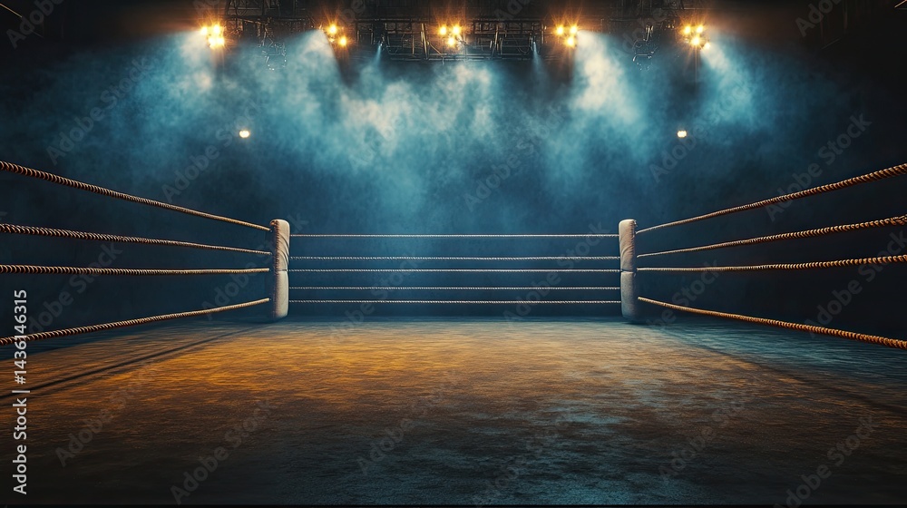Obraz premium A stunning image of arena Ring Boxing box sport fight rope night spotlight spotlit view post shot studio match top 1 dark stage wrestling dramatic amphitheatre professional.