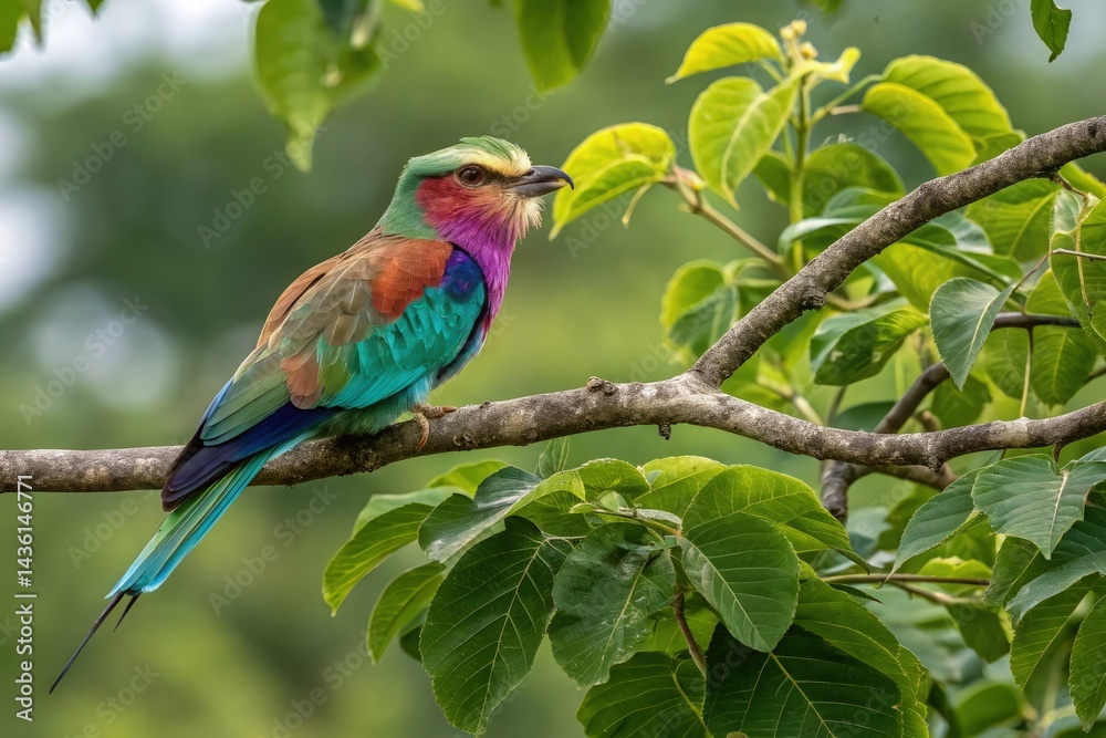 Obraz premium Colorful Bird Perched on Branch in Lush Natural Setting Generative AI