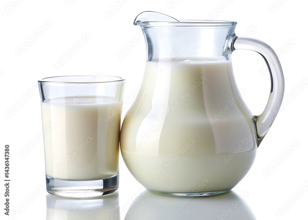 Glass and jug with milk isolated on white background Glass and jug with milk isolated on white background