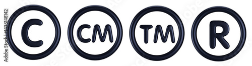 3d set black copyright and registered trademark icon or symbols. Stock vector illustration on isolated background.