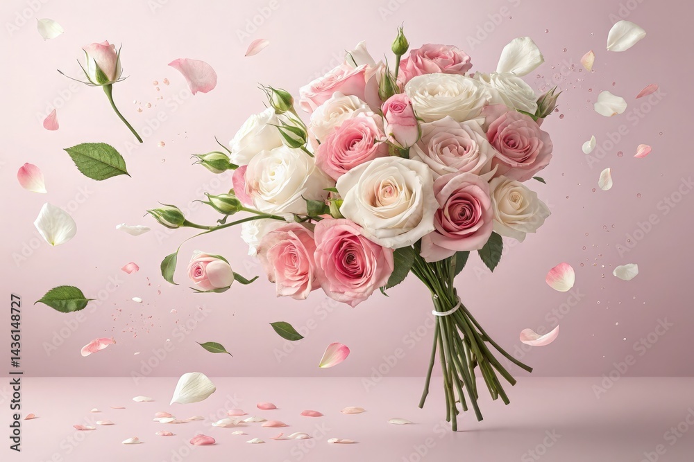 Obraz premium Floating Bouquet of Pink and White Roses With Petals Scattered Generative AI
