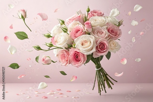 Floating Bouquet of Pink and White Roses With Petals Scattered Generative AI