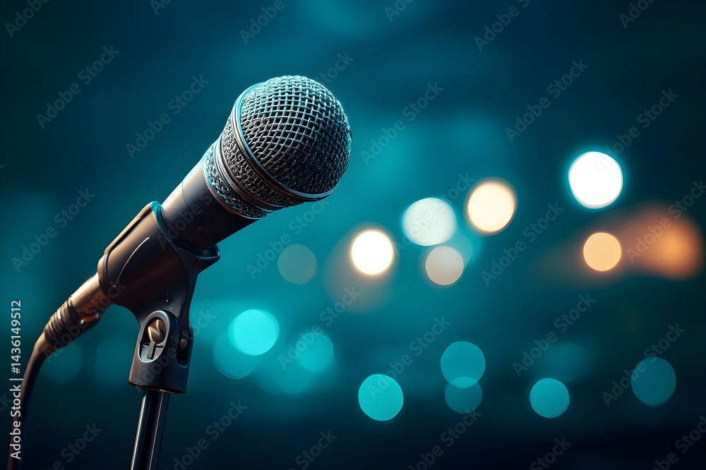 Obraz premium Close-up of a professional stage microphone under vibrant lights