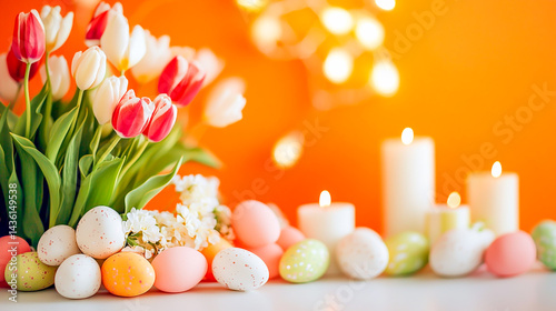 Easter decor with tulips, candles, and festive elements on orange walls photo