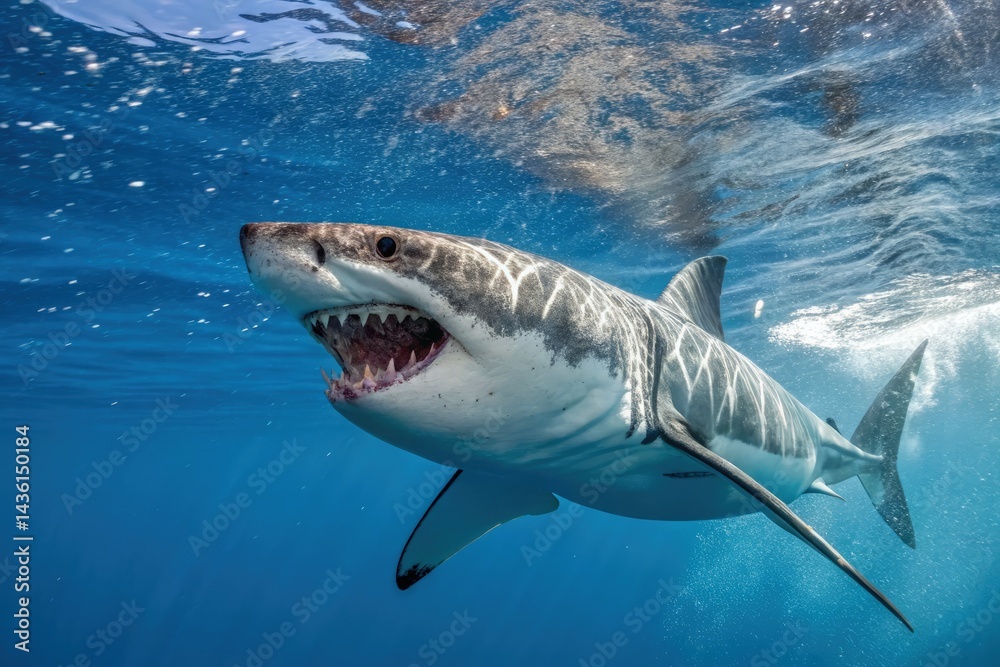 Fototapeta premium Great White Shark Showing Powerful Jaws in Deep Ocean Waters Generative AI