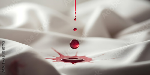Red drops stain white fabric. Fluid artistry. A still life.