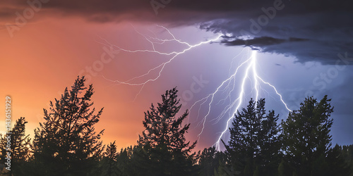 Powerful lightning storm over trees.