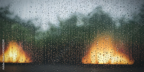 Rain-streaked window, fire viewed through. Stormy scene.