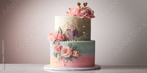 Two-tiered cake, floral design, pastel colors.