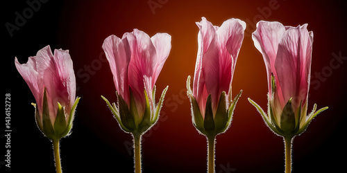 Four pink flowers in a row against dark backgrounds.