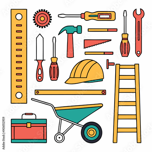 A vector illustration shows a silhouette set of different gardening and construction tools like a wheelbarrow, shovel, hammer, and saw, isolated as work equipment