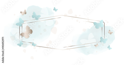 Elegant Gold Frame with Delicate Golden Butterflies and Soft Watercolor Splashes. Decorative Border Soft Blue Watercolor Background for Wedding Invitations, Greeting Cards and Design Projects.