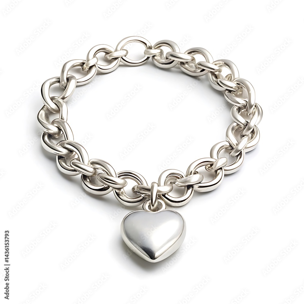 Obraz premium Silver chain bracelet with a heart charm isolated on white background