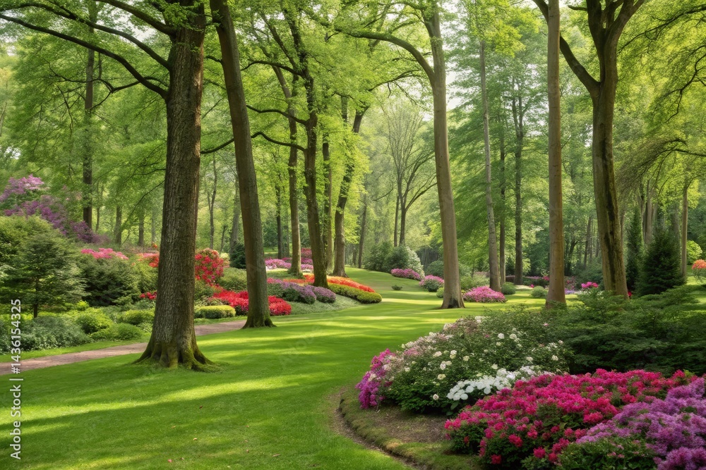 Obraz premium Lush Park Featuring Vibrant Flowers and Towering Trees Generative AI