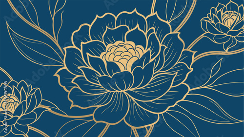 Vector flower peony pattern, lined with gold on a blue luxury vintage background. Japanese floral elegant illustration